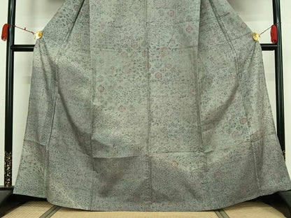 平和屋着物▽訪問着　単衣　生紬地　草花文　正絹　逸品　AABK7299jh