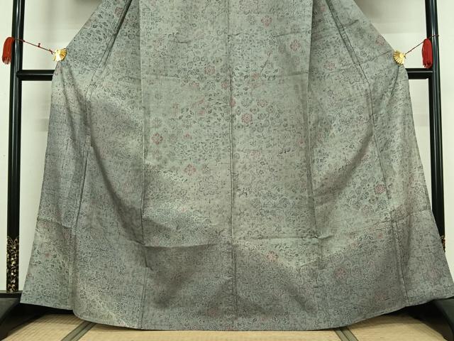 平和屋着物▽訪問着　単衣　生紬地　草花文　正絹　逸品　AABK7299jh