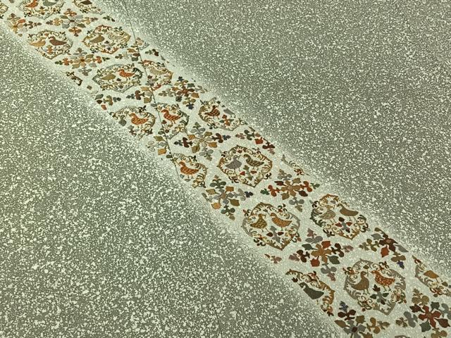 平和屋着物▽二代目 川村久太郎　訪問着　単衣　刺繍　向かい鳥花文　たたき染め　金糸　正絹　逸品　AABK7300jh