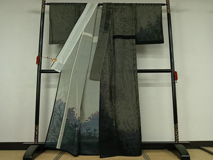 平和屋着物▽訪問着　無双　紗袷　紗×紗　草花文　正絹　逸品　AABK7304jh