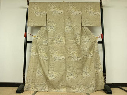 平和屋着物▽染織の名門　しょうざん　生紬　訪問着　単衣　風景松竹梅文　ロング丈　正絹　逸品　AABK7307jh