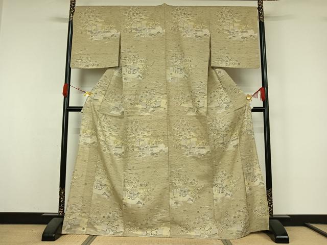 平和屋着物▽染織の名門　しょうざん　生紬　訪問着　単衣　風景松竹梅文　ロング丈　正絹　逸品　AABK7307jh