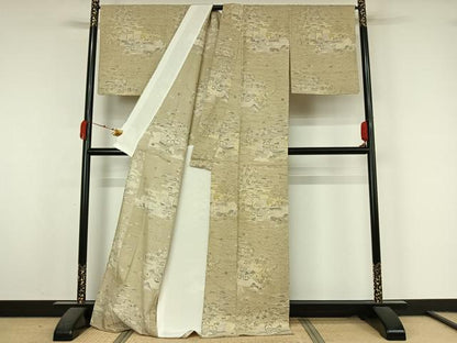 平和屋着物▽染織の名門　しょうざん　生紬　訪問着　単衣　風景松竹梅文　ロング丈　正絹　逸品　AABK7307jh