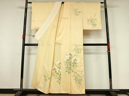 平和屋着物▽訪問着　単衣　草花文　正絹　逸品　AABK7310jh