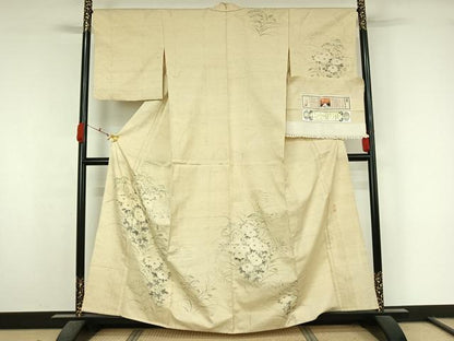 平和屋着物▽本場真綿絢結城生紬　訪問着　単衣　紬地　作家物　手描き　草花文　証紙付き　正絹　逸品　AABK7313jh