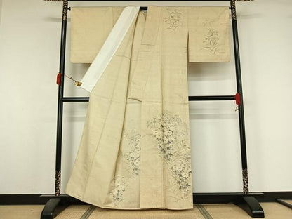 平和屋着物▽本場真綿絢結城生紬　訪問着　単衣　紬地　作家物　手描き　草花文　証紙付き　正絹　逸品　AABK7313jh