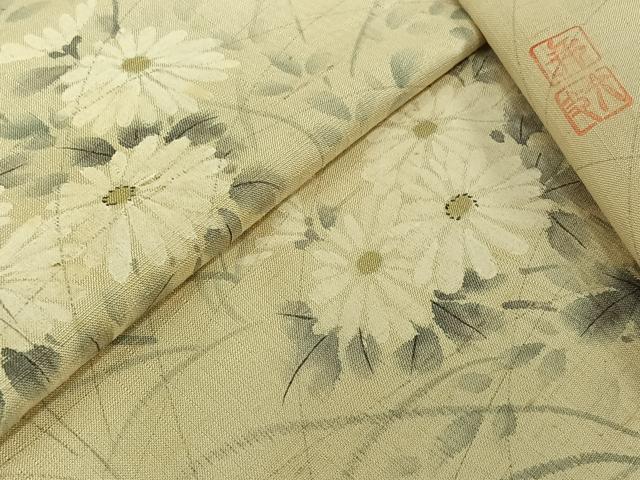 平和屋着物▽本場真綿絢結城生紬　訪問着　単衣　紬地　作家物　手描き　草花文　証紙付き　正絹　逸品　AABK7313jh