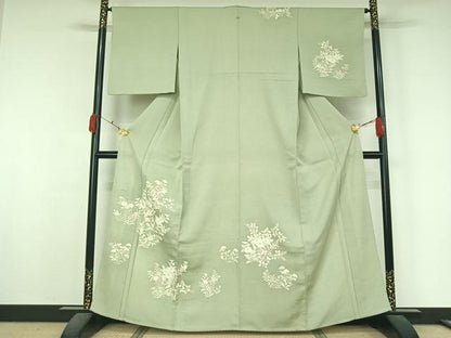 平和屋着物▽訪問着　単衣　紬地　刺繍　草花文　金糸　正絹　逸品　AABK7314jh