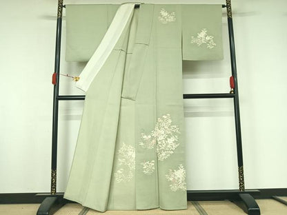 平和屋着物▽訪問着　単衣　紬地　刺繍　草花文　金糸　正絹　逸品　AABK7314jh