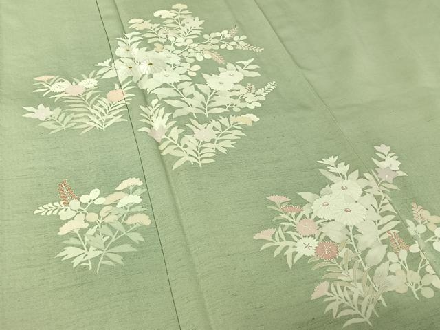 平和屋着物▽訪問着　単衣　紬地　刺繍　草花文　金糸　正絹　逸品　AABK7314jh