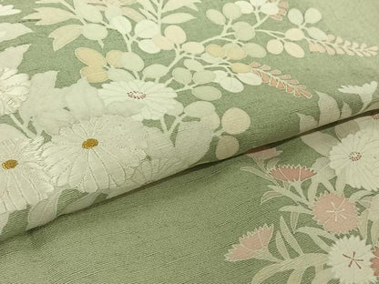 平和屋着物▽訪問着　単衣　紬地　刺繍　草花文　金糸　正絹　逸品　AABK7314jh