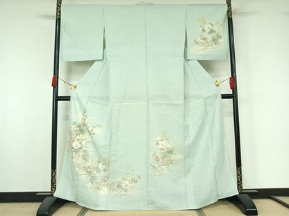 平和屋着物▽生紬　訪問着　単衣　手描き　草花文　正絹　逸品　AABK7317jh