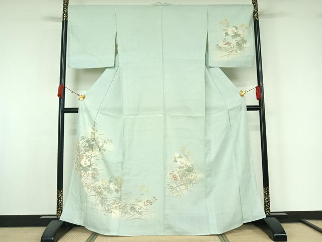 平和屋着物▽生紬　訪問着　単衣　手描き　草花文　正絹　逸品　AABK7317jh