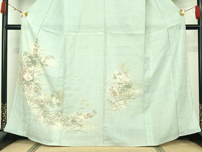 平和屋着物▽生紬　訪問着　単衣　手描き　草花文　正絹　逸品　AABK7317jh