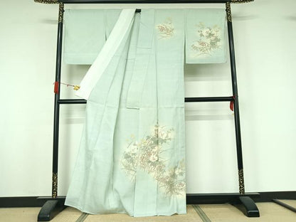 平和屋着物▽生紬　訪問着　単衣　手描き　草花文　正絹　逸品　AABK7317jh
