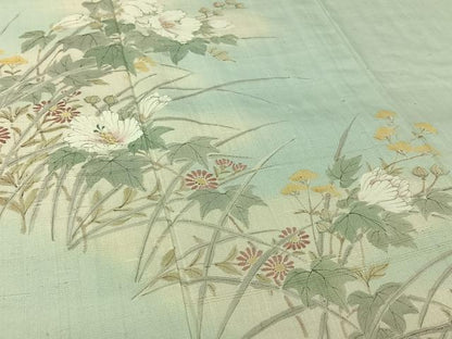 平和屋着物▽生紬　訪問着　単衣　手描き　草花文　正絹　逸品　AABK7317jh