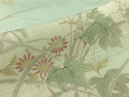 平和屋着物▽生紬　訪問着　単衣　手描き　草花文　正絹　逸品　AABK7317jh