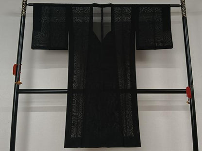 平和屋着物▽道行コート　スリーシーズン　春夏秋　塵除け　縞　黒地　ロング丈　正絹　逸品　AABK7319jh