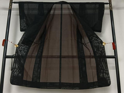 平和屋着物▽道行コート　スリーシーズン　春夏秋　塵除け　縞　黒地　ロング丈　正絹　逸品　AABK7319jh