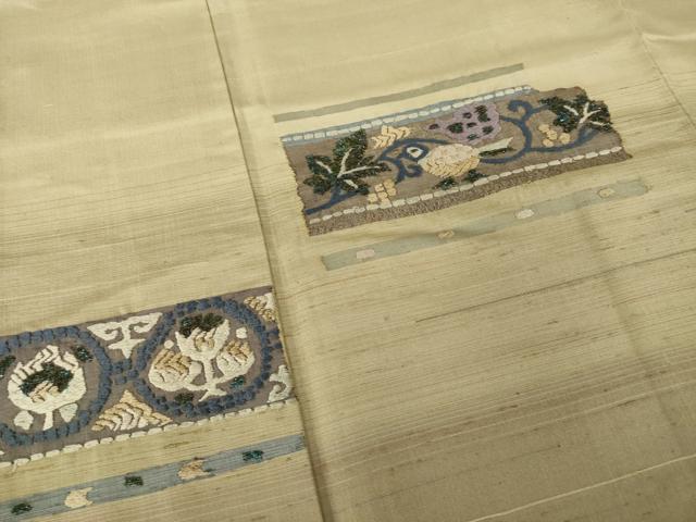 平和屋着物●紬　訪問着　刺繍　花鳥文　正絹　逸品　AABK7324ck