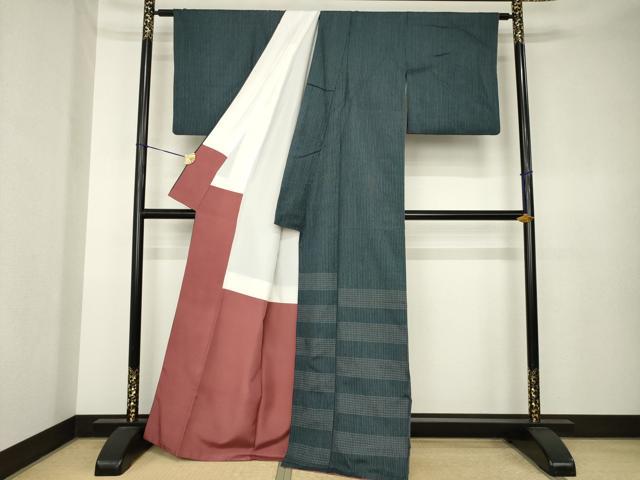 平和屋着物●紬　訪問着　縞　格子　正絹　逸品　AABK7326ck