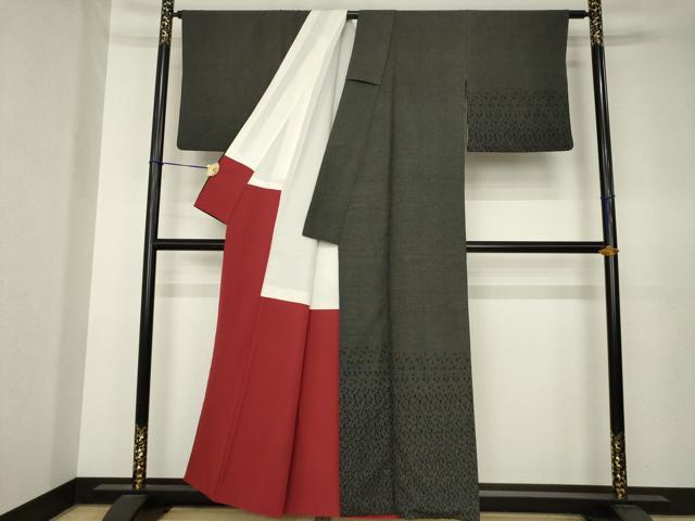 平和屋着物●本塩沢　訪問着　幾何学文様　黒地　正絹　逸品　AABK7331ck