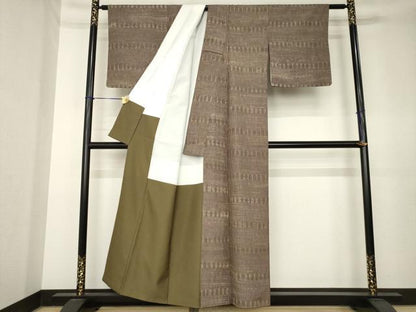 平和屋着物●上質な紬　絞り　横段幾何学文様　正絹　逸品　AABK7336ck