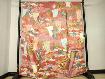 平和屋着物●十日町老舗ブランド　吉澤友禅　吾妻徳穂　振袖　駒刺繍　帆掛け船　金彩　正絹　逸品　AABK7339ck