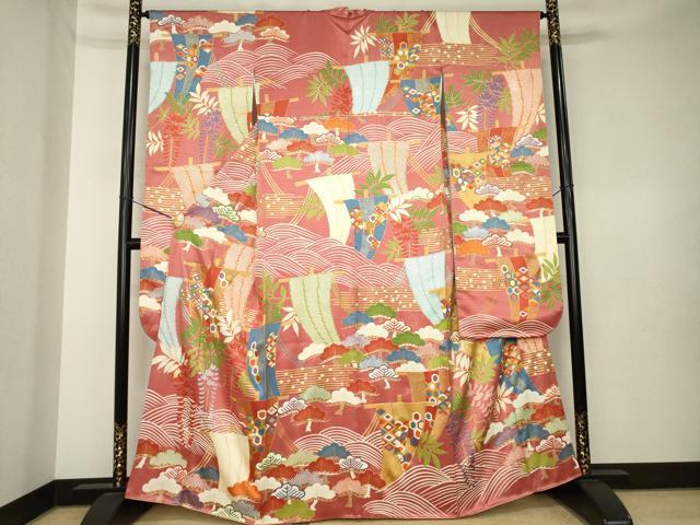 平和屋着物●十日町老舗ブランド　吉澤友禅　吾妻徳穂　振袖　駒刺繍　帆掛け船　金彩　正絹　逸品　AABK7339ck