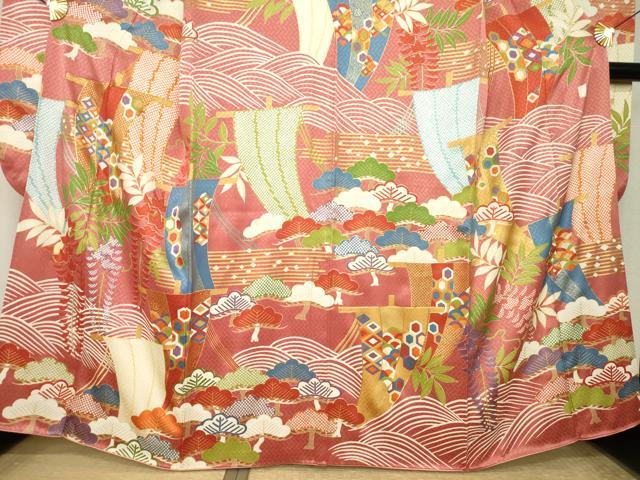 平和屋着物●十日町老舗ブランド　吉澤友禅　吾妻徳穂　振袖　駒刺繍　帆掛け船　金彩　正絹　逸品　AABK7339ck