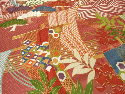 平和屋着物●十日町老舗ブランド　吉澤友禅　吾妻徳穂　振袖　駒刺繍　帆掛け船　金彩　正絹　逸品　AABK7339ck