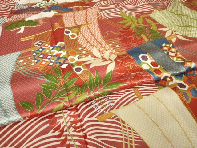 平和屋着物●十日町老舗ブランド　吉澤友禅　吾妻徳穂　振袖　駒刺繍　帆掛け船　金彩　正絹　逸品　AABK7339ck