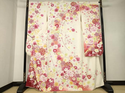 平和屋着物●豪華振袖　刺繍　舞花文　暈し染め　金銀彩　銀通し地　正絹　逸品　AABK7345ck