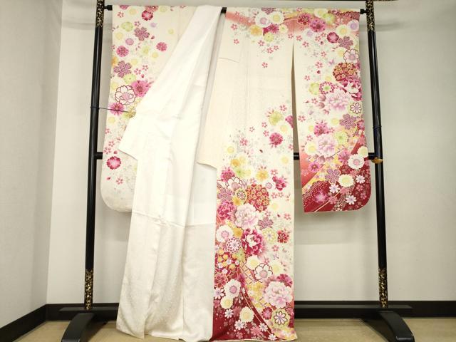 平和屋着物●豪華振袖　刺繍　舞花文　暈し染め　金銀彩　銀通し地　正絹　逸品　AABK7345ck