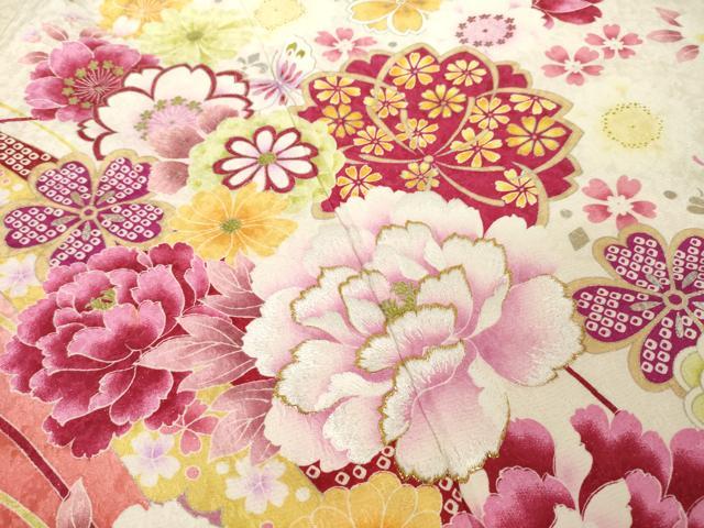 平和屋着物●豪華振袖　刺繍　舞花文　暈し染め　金銀彩　銀通し地　正絹　逸品　AABK7345ck