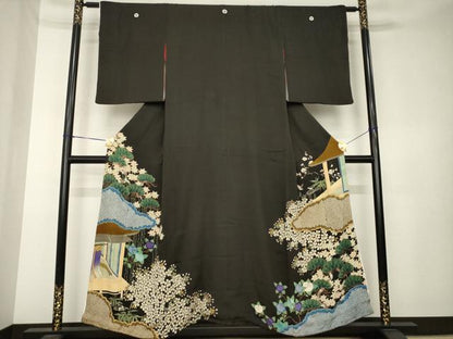 平和屋着物●アンティーク　大正ロマン　黒留袖　刺繍　両褄　風景文　正絹　逸品　AABK7349ck