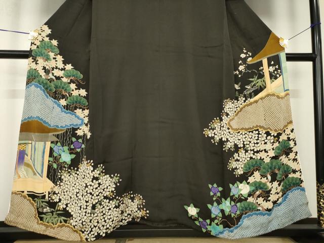 平和屋着物●アンティーク　大正ロマン　黒留袖　刺繍　両褄　風景文　正絹　逸品　AABK7349ck