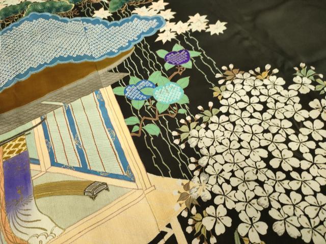 平和屋着物●アンティーク　大正ロマン　黒留袖　刺繍　両褄　風景文　正絹　逸品　AABK7349ck
