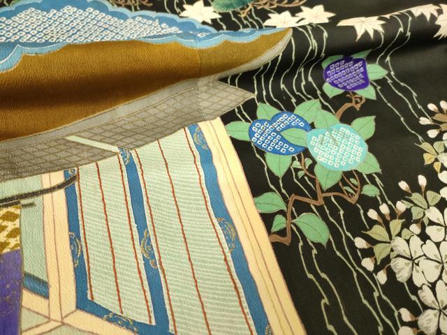 平和屋着物●アンティーク　大正ロマン　黒留袖　刺繍　両褄　風景文　正絹　逸品　AABK7349ck
