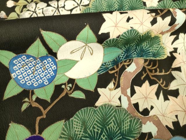 平和屋着物●アンティーク　大正ロマン　黒留袖　刺繍　両褄　風景文　正絹　逸品　AABK7349ck
