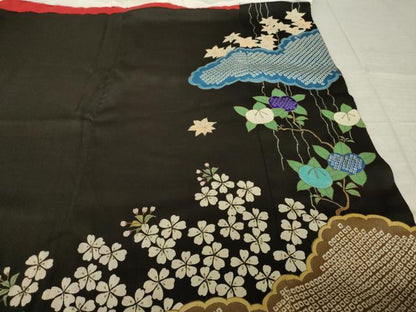 平和屋着物●アンティーク　大正ロマン　黒留袖　刺繍　両褄　風景文　正絹　逸品　AABK7349ck