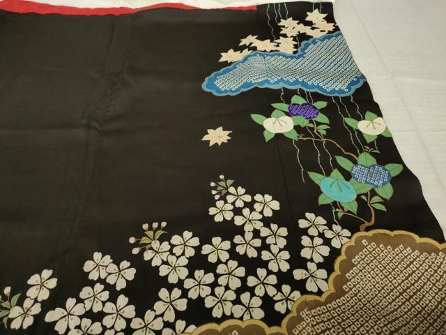 平和屋着物●アンティーク　大正ロマン　黒留袖　刺繍　両褄　風景文　正絹　逸品　AABK7349ck