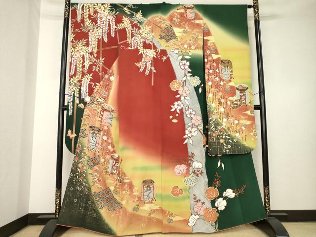 平和屋着物●豪華振袖　貝桶花文　暈し染め　金彩　正絹　逸品　AABK7352ck