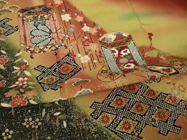 平和屋着物●豪華振袖　貝桶花文　暈し染め　金彩　正絹　逸品　AABK7352ck