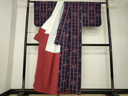 平和屋着物▼上質な紬　格子　正絹　逸品　AABK7358ck