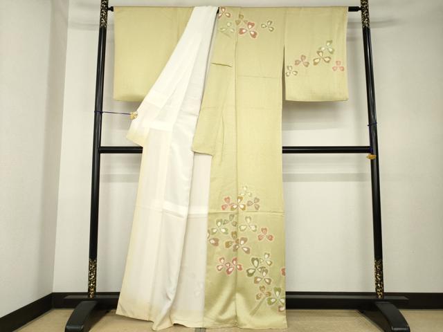 平和屋着物●訪問着　絞り　三つ葉　金彩　正絹　逸品　AABK7362ck