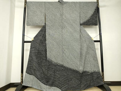 平和屋着物●訪問着　総絞り　立波文　黒地　正絹　逸品　AABK7365ck