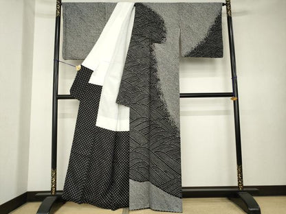 平和屋着物●訪問着　総絞り　立波文　黒地　正絹　逸品　AABK7365ck