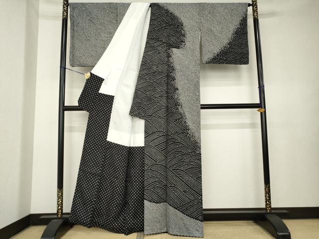 平和屋着物●訪問着　総絞り　立波文　黒地　正絹　逸品　AABK7365ck