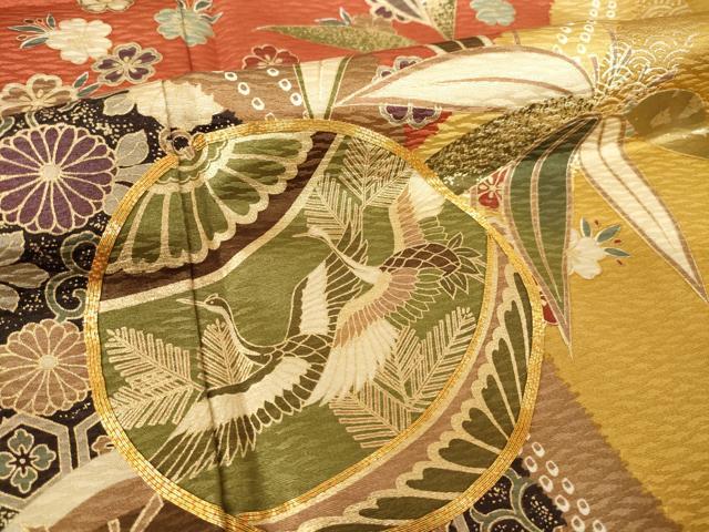 平和屋着物●豪華振袖　駒刺繍　花毬文　鶴　金彩　正絹　逸品　AABK7366ck